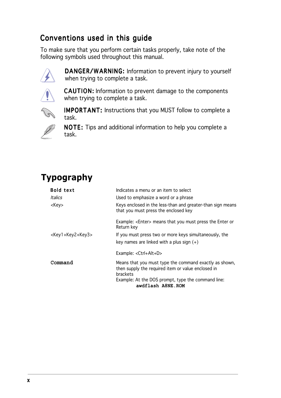 Typography, Conventions used in this guide | Asus A8N5X User Manual | Page 10 / 116