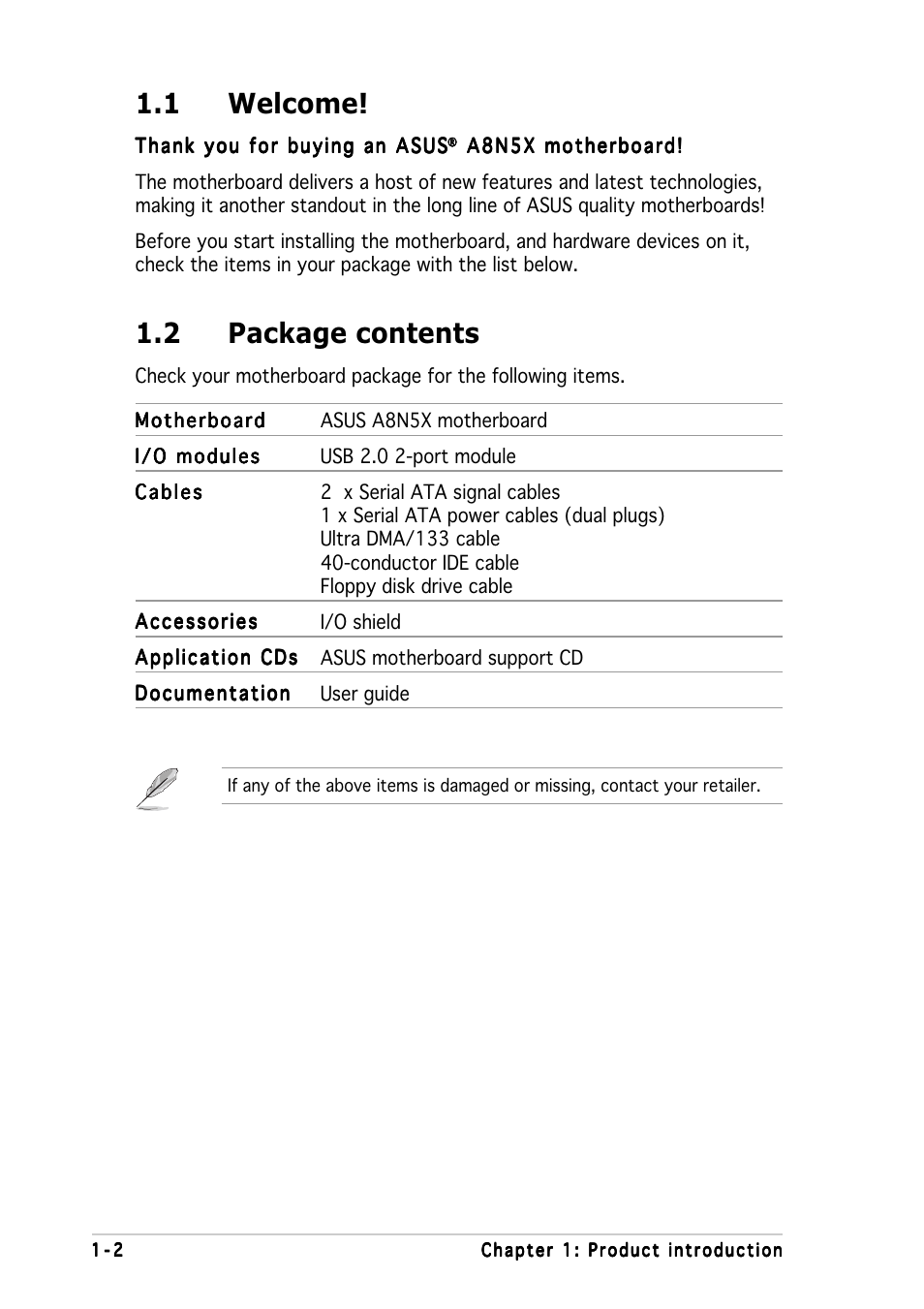 1 welcome, 2 package contents | Asus A8N5X User Manual | Page 16 / 116