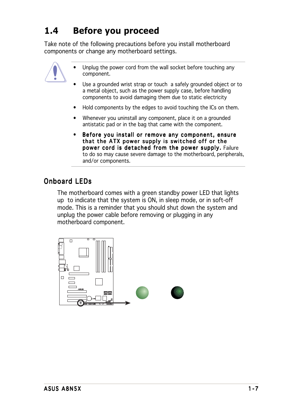 4 before you proceed, Onboard leds | Asus A8N5X User Manual | Page 21 / 116