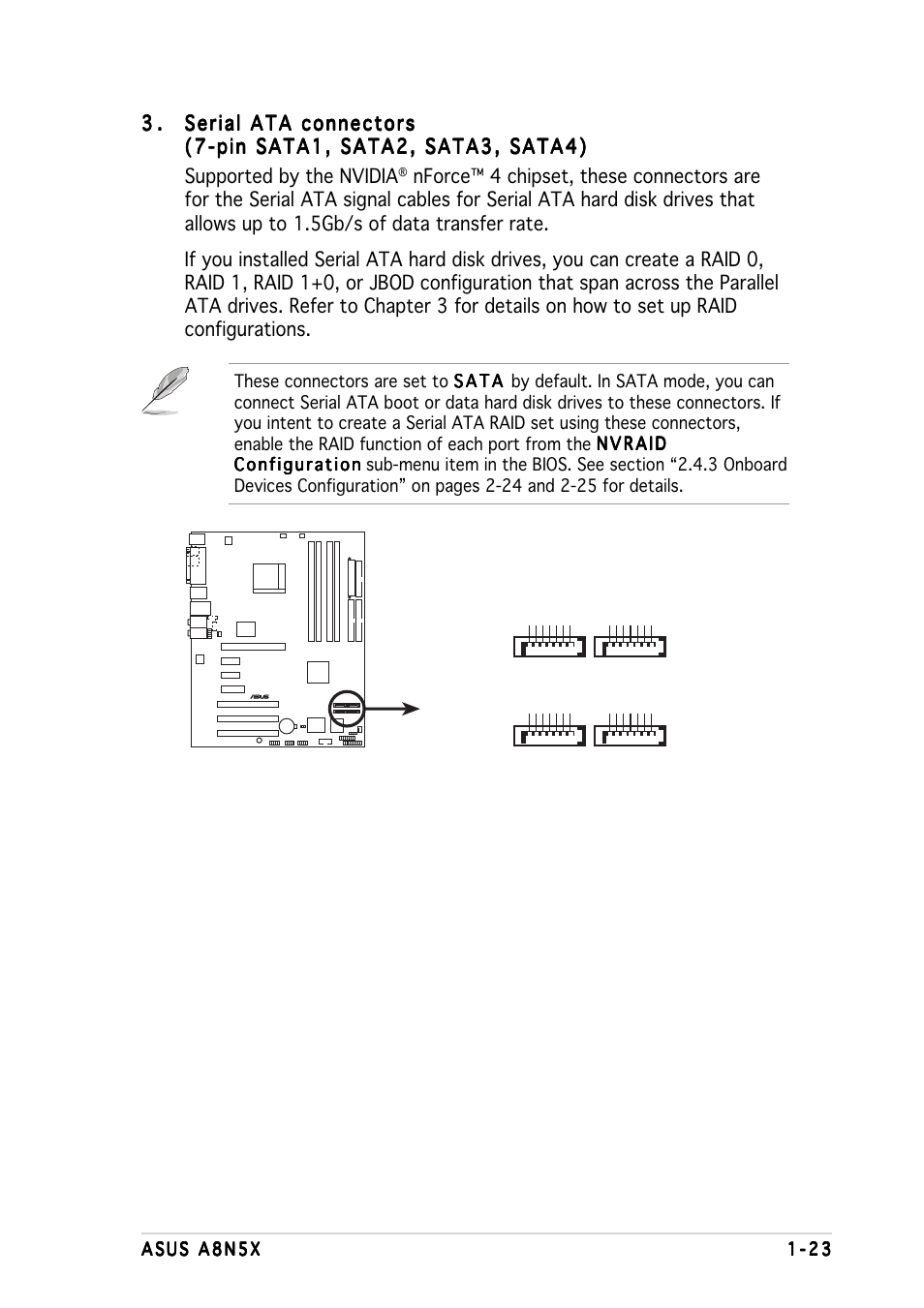 A8n5x sata connectors sata1 sata2, Sata3 sata4 | Asus A8N5X User Manual | Page 37 / 116