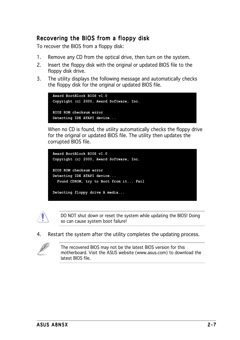 Recovering the bios from a floppy disk | Asus A8N5X User Manual | Page 51 / 116