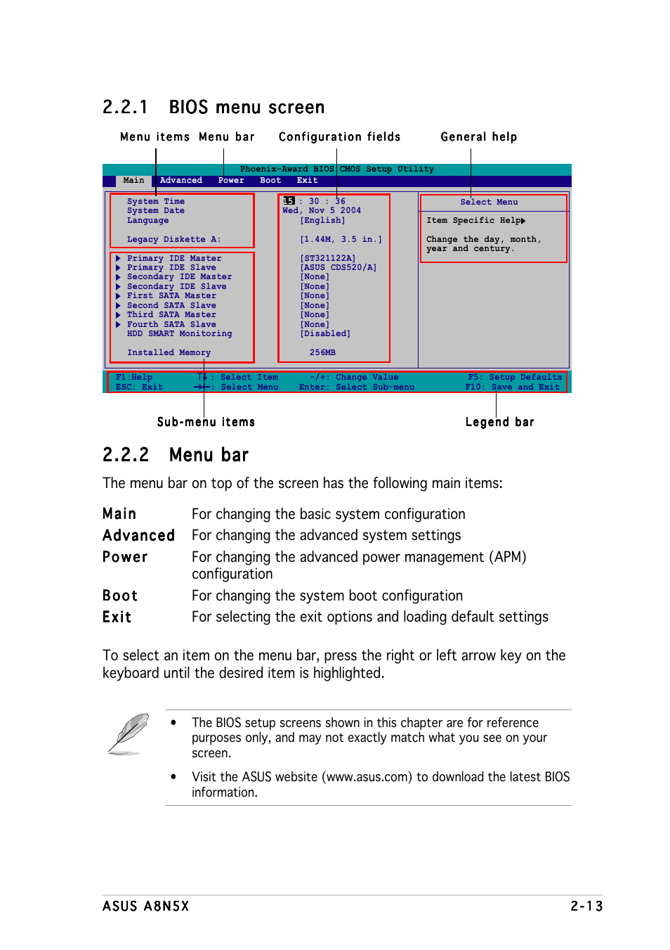 2 menu bar menu bar menu bar menu bar menu bar | Asus A8N5X User Manual | Page 57 / 116