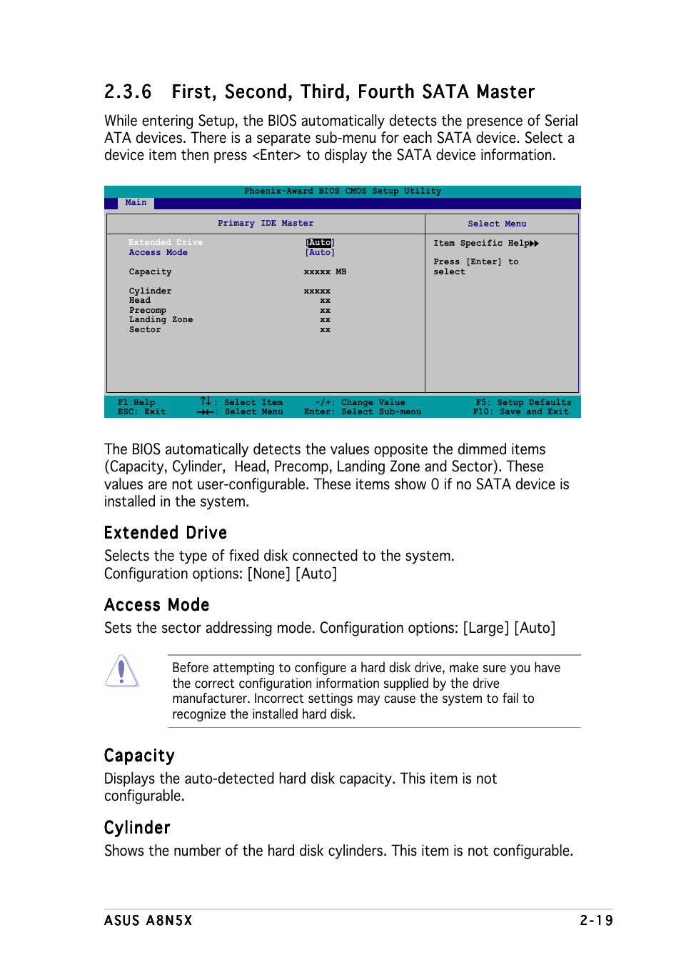 Extended drive, Access mode, Capacity | Cylinder | Asus A8N5X User Manual | Page 63 / 116