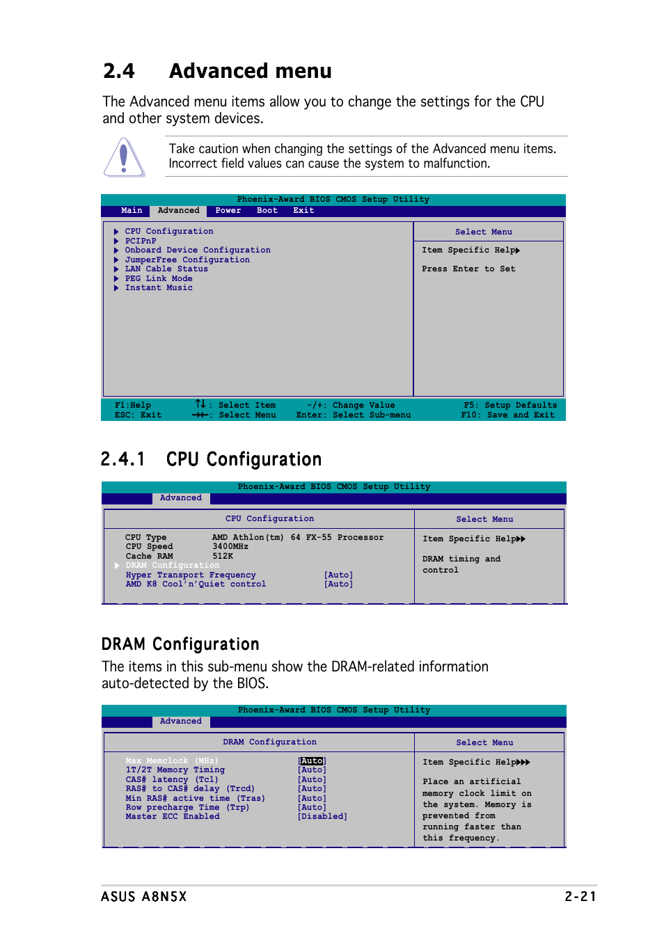 4 advanced menu, Dram configuration | Asus A8N5X User Manual | Page 65 / 116