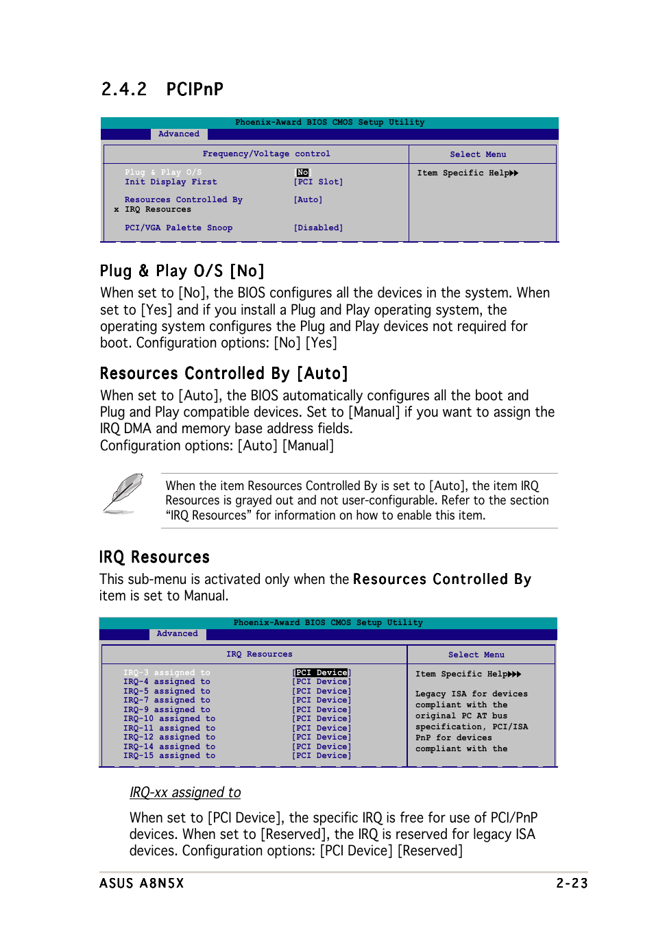 2 pcipnp pcipnp pcipnp pcipnp pcipnp, Plug & play o/s [no, Resources controlled by [auto | Irq resources | Asus A8N5X User Manual | Page 67 / 116