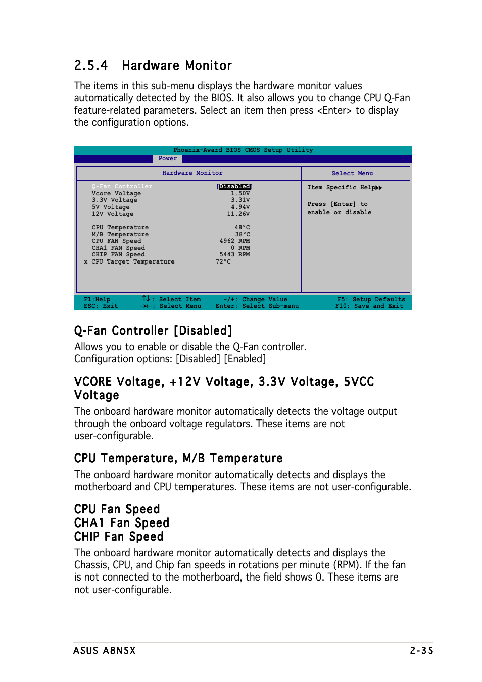 Q-fan controller [disabled, Cpu temperature, m/b temperature, Cpu fan speed | Asus A8N5X User Manual | Page 79 / 116