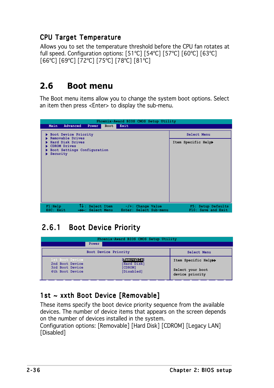 6 boot menu, 1st ~ xxth boot device [removable, Cpu target temperature | Asus A8N5X User Manual | Page 80 / 116