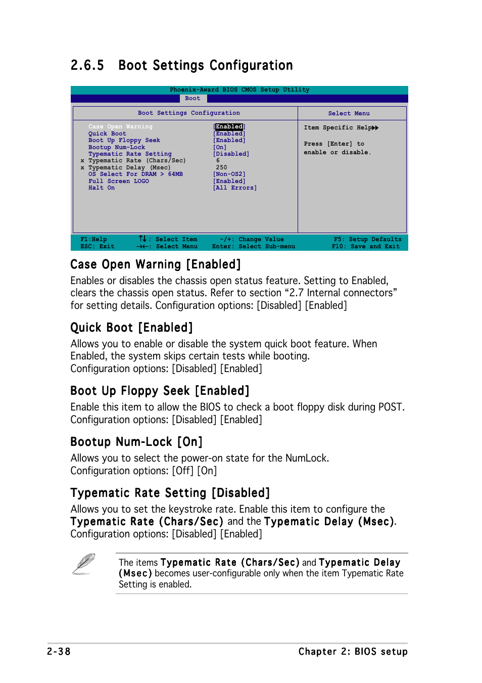 Case open warning [enabled, Quick boot [enabled, Boot up floppy seek [enabled | Bootup num-lock [on, Typematic rate setting [disabled | Asus A8N5X User Manual | Page 82 / 116