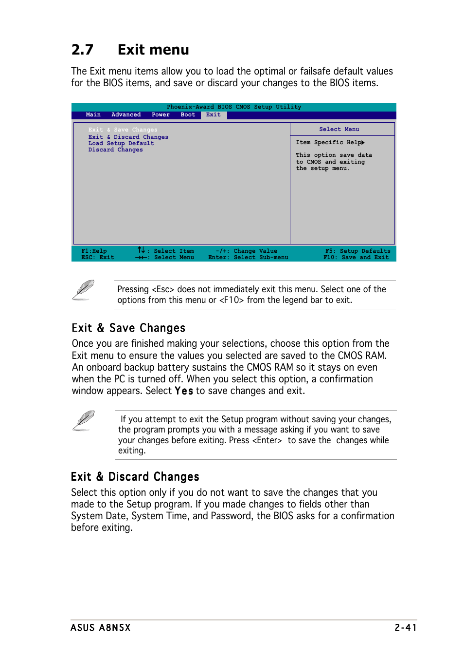 7 exit menu, Exit & save changes, Exit & discard changes | Asus A8N5X User Manual | Page 85 / 116