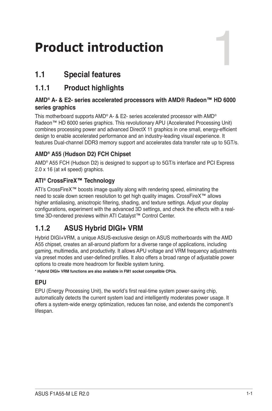 Chapter 1: product introduction, 1 special features, 1 product highlights | 2 asus hybrid digi+ vrm, Product introduction, Special features -1 1.1.1, Product highlights -1, Asus hybrid digi+ vrm -1 | Asus F1A55-M LE R2.0 User Manual | Page 13 / 79