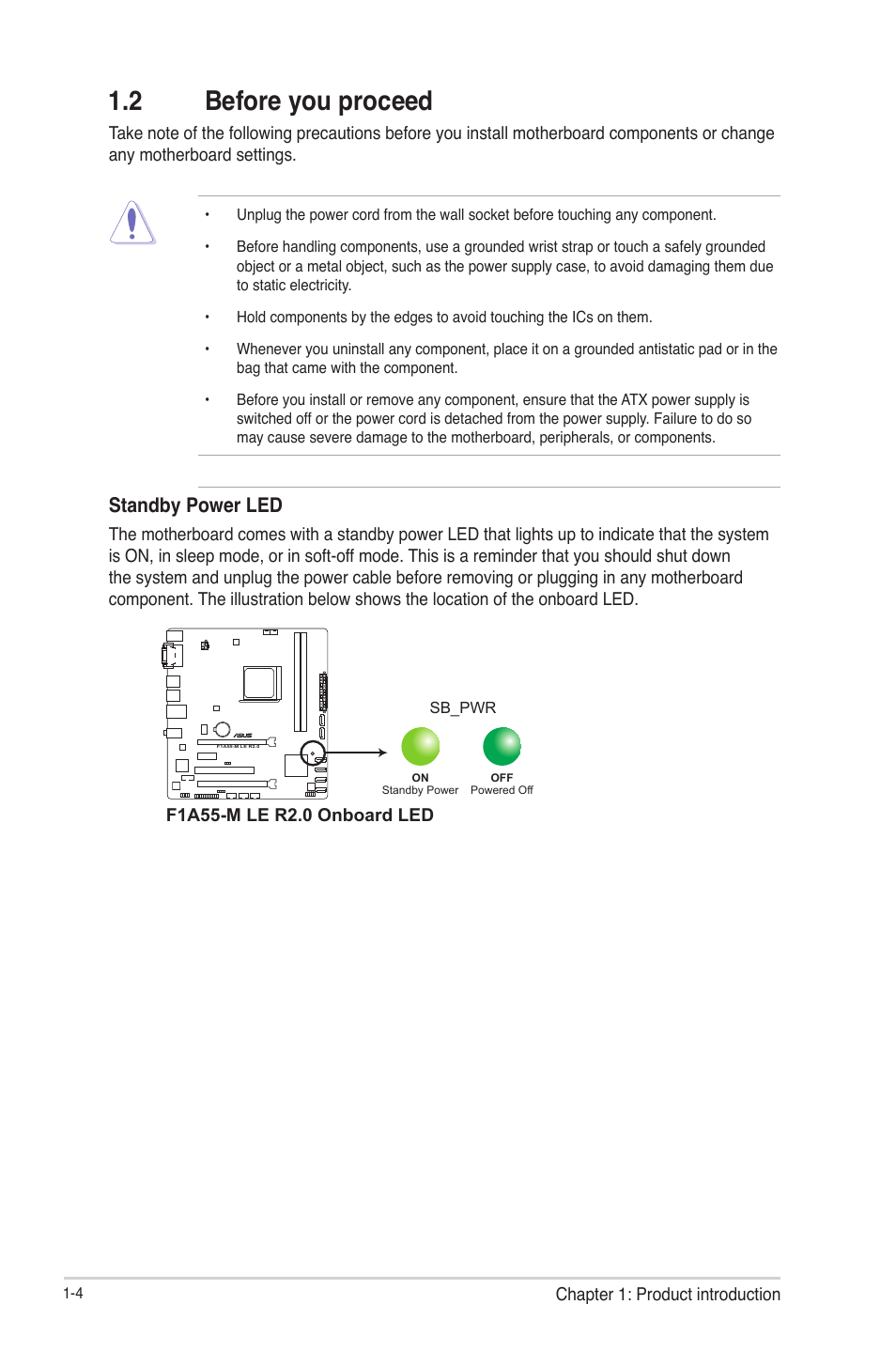 2 before you proceed, Before you proceed -4, Standby power led | Asus F1A55-M LE R2.0 User Manual | Page 16 / 79