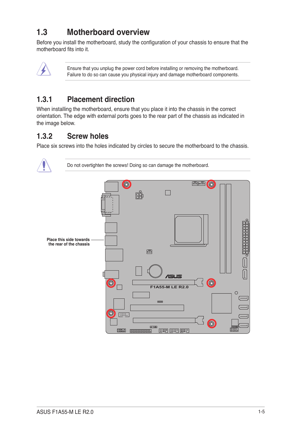 3 motherboard overview, 1 placement direction, 2 screw holes | Motherboard overview -5 1.3.1, Placement direction -5, Screw holes -5 | Asus F1A55-M LE R2.0 User Manual | Page 17 / 79