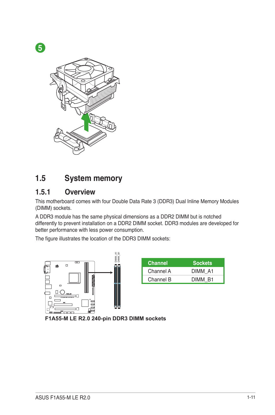 5 system memory, 1 overview, System memory -11 1.5.1 | Overview -11 | Asus F1A55-M LE R2.0 User Manual | Page 23 / 79