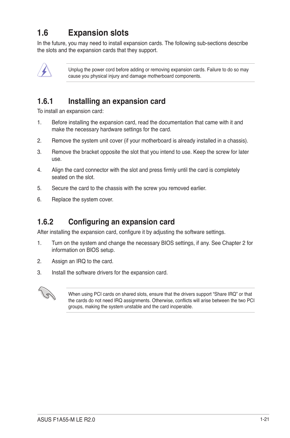 6 expansion slots, 1 installing an expansion card, 2 configuring an expansion card | Expansion slots -21 1.6.1, Installing an expansion card -21, Configuring an expansion card -21 | Asus F1A55-M LE R2.0 User Manual | Page 33 / 79