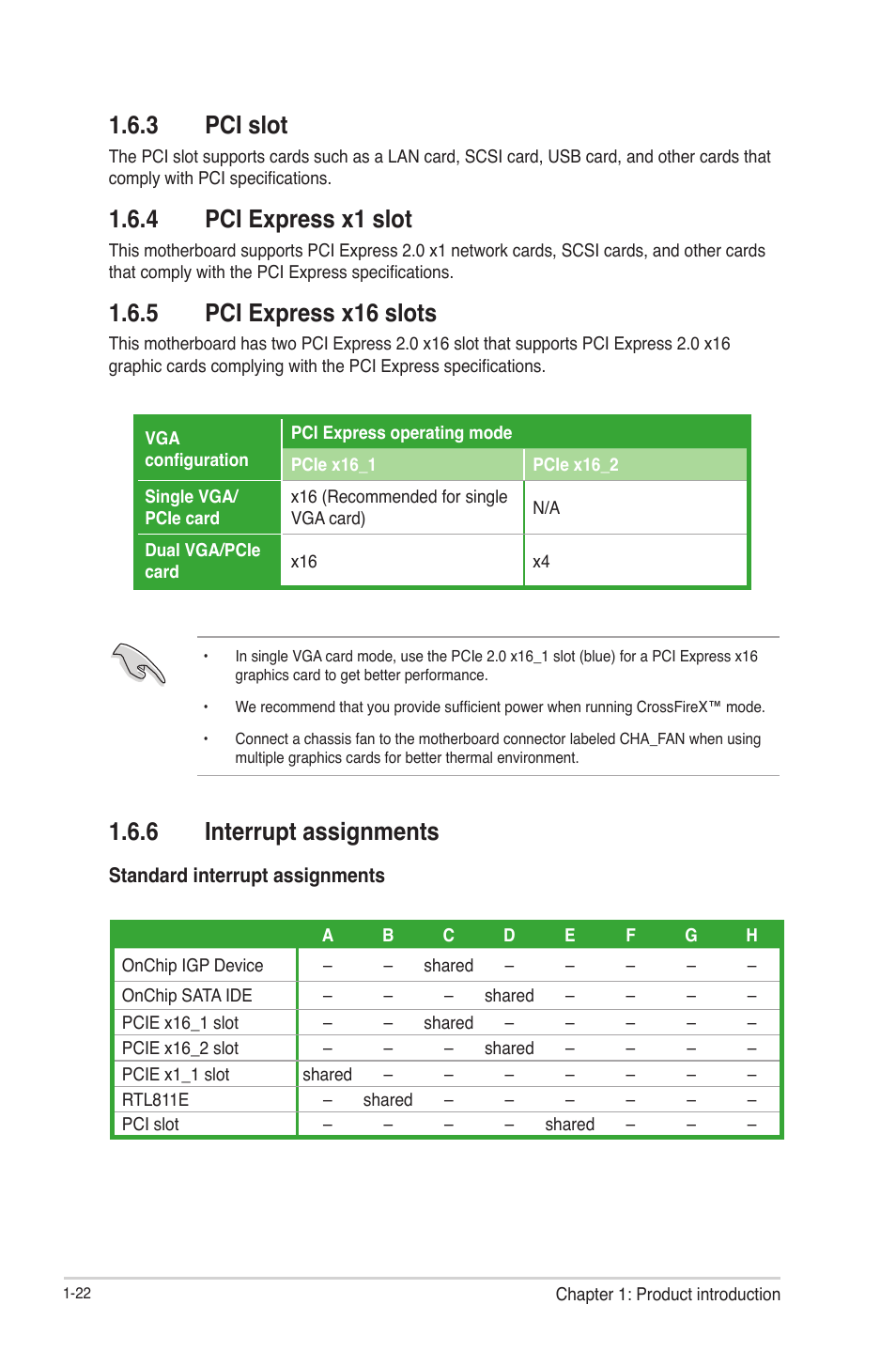 3 pci slot, 4 pci express x1 slot, 5 pci express x16 slots | 6 interrupt assignments, Pci slot -22, Pci express x1 slot -22, Pci express x16 slots -22, Interrupt assignments -22 | Asus F1A55-M LE R2.0 User Manual | Page 34 / 79