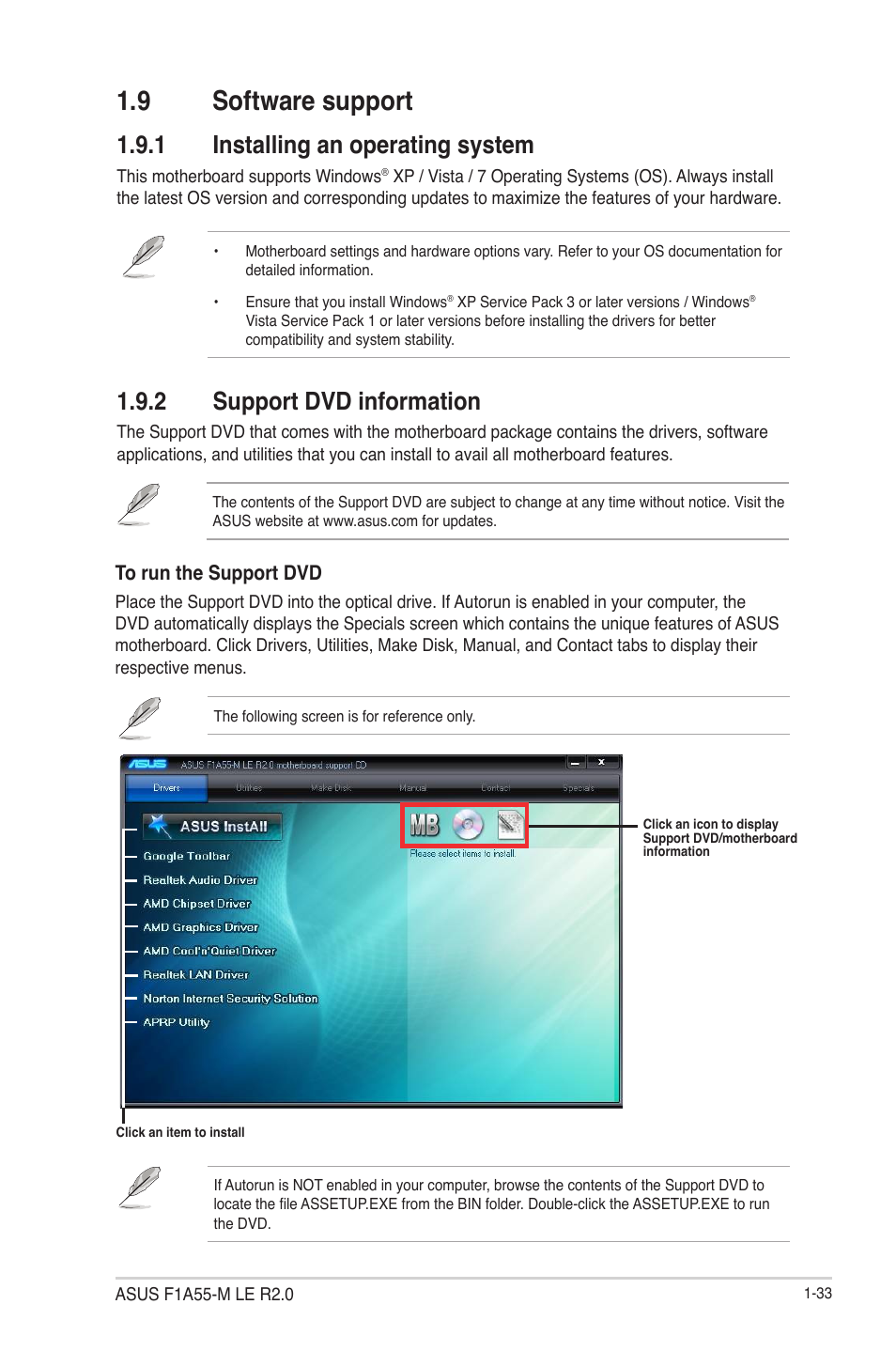 9 software support, 1 installing an operating system, 2 support dvd information | Software support -33 1.9.1, Installing an operating system -33, Support dvd information -33 | Asus F1A55-M LE R2.0 User Manual | Page 45 / 79