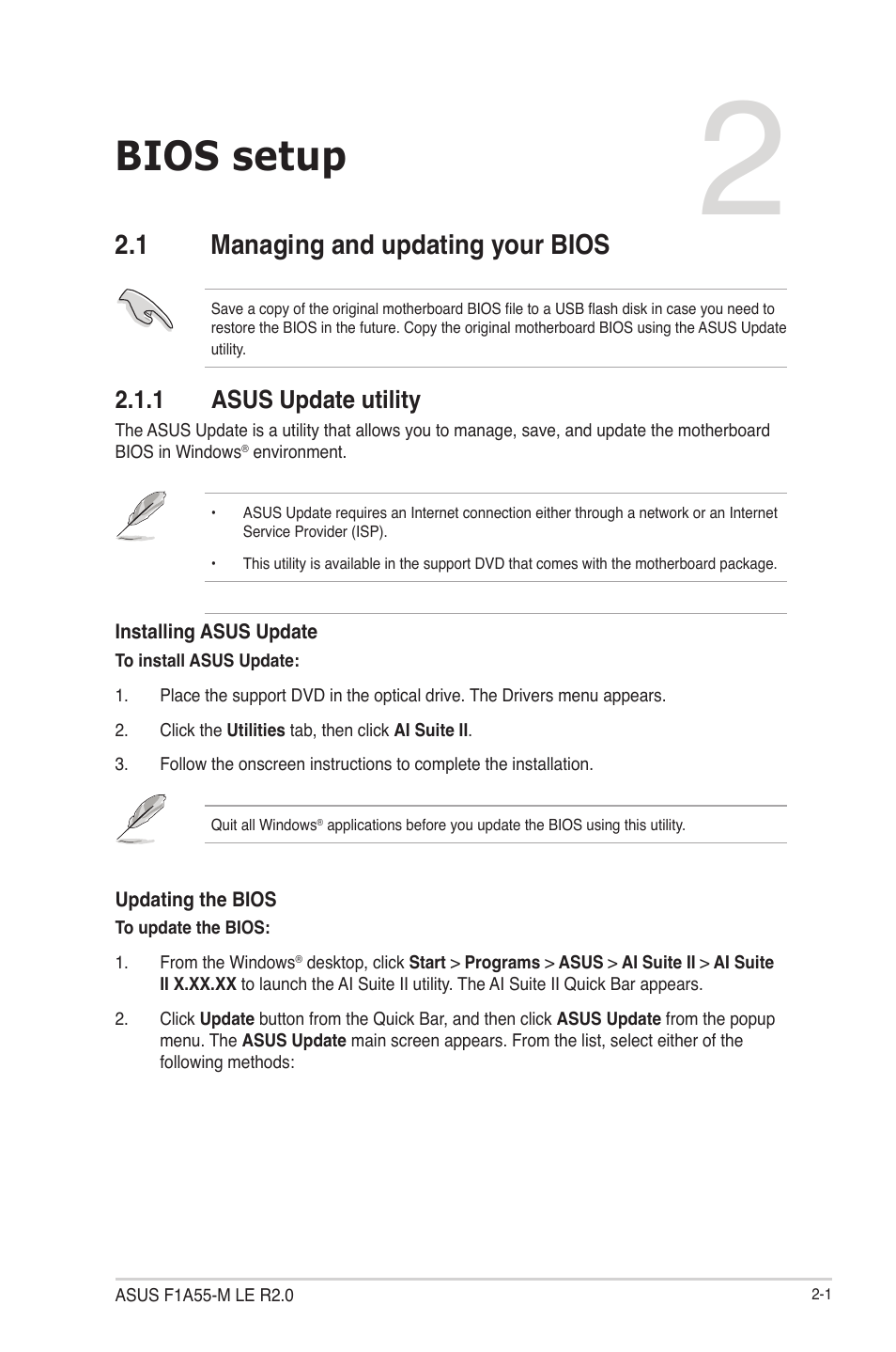 Bios setup, 1 managing and updating your bios, 1 asus update utility | Managing and updating your bios -1 2.1.1, Asus update utility -1 | Asus F1A55-M LE R2.0 User Manual | Page 47 / 79