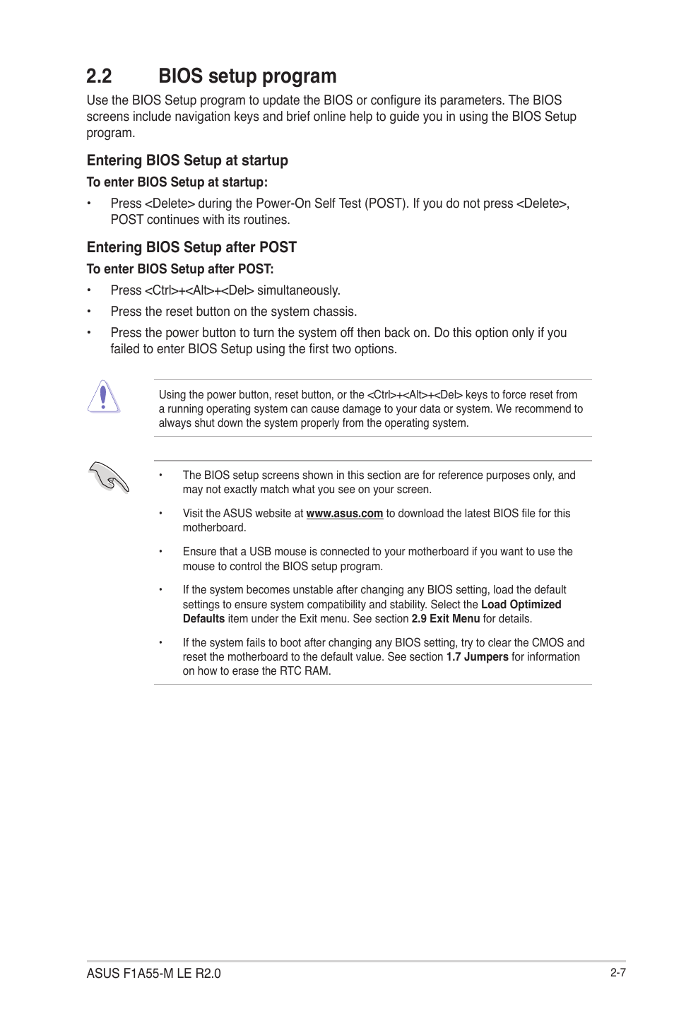 2 bios setup program, Bios setup program -7 | Asus F1A55-M LE R2.0 User Manual | Page 53 / 79