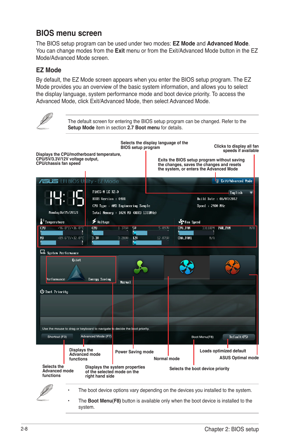 Bios menu screen, Ez mode | Asus F1A55-M LE R2.0 User Manual | Page 54 / 79