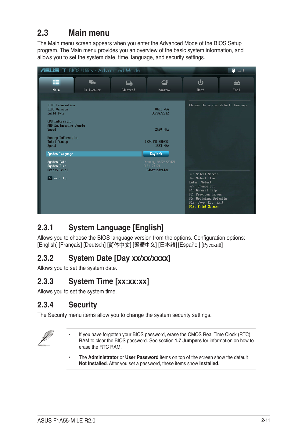 3 main menu, 1 system language [english, 2 system date [day xx/xx/xxxx | 3 system time [xx:xx:xx, 4 security, Main menu -11 2.3.1, System language [english] -11, System date [day xx/xx/xxxx] -11, System time [xx:xx:xx] -11, Security -11 | Asus F1A55-M LE R2.0 User Manual | Page 57 / 79