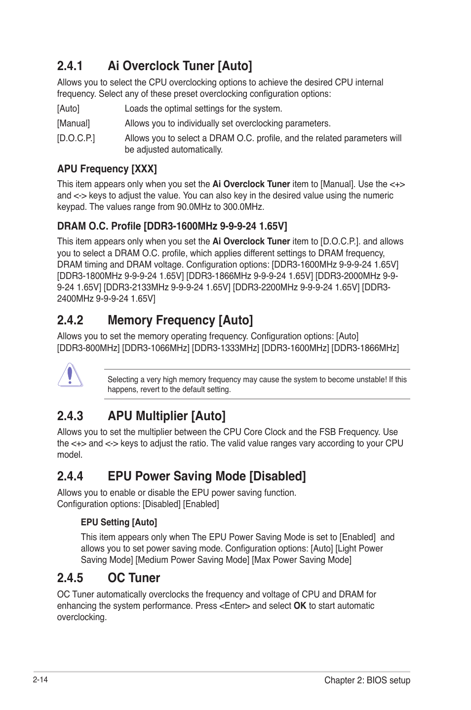 1 ai overclock tuner [auto, 2 memory frequency [auto, 3 apu multiplier [auto | 4 epu power saving mode [disabled, 5 oc tuner, Ai overclock tuner [auto] -14, Memory frequency [auto] -14, Apu multiplier [auto] -14, Epu power saving mode [disabled] -14, Oc tuner -14 | Asus F1A55-M LE R2.0 User Manual | Page 60 / 79