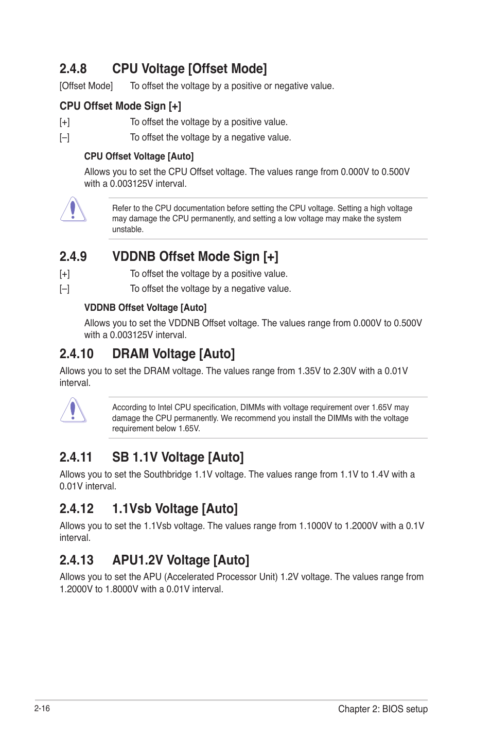 8 cpu voltage [offset mode, 9 vddnb offset mode sign, 10 dram voltage [auto | 11 sb 1.1v voltage [auto, 12 1.1vsb voltage [auto, 13 apu1.2v voltage [auto, Cpu voltage [offset mode] -16, Vddnb offset mode sign [+] -16, Dram voltage [auto] -16, Sb 1.1v voltage [auto] -16 | Asus F1A55-M LE R2.0 User Manual | Page 62 / 79