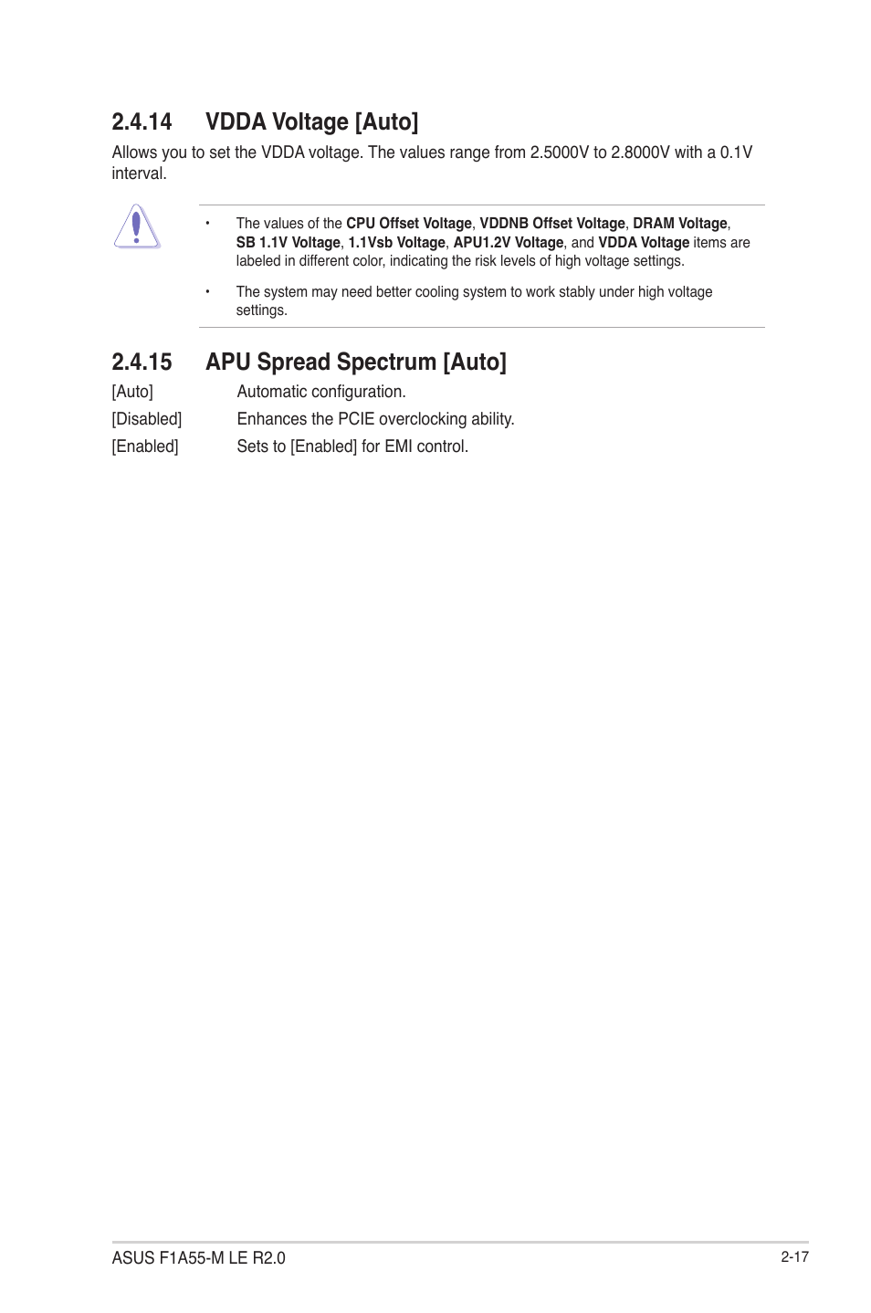 14 vdda voltage [auto, 15 apu spread spectrum [auto, Vdda voltage [auto] -17 | Apu spread spectrum [auto] -17 | Asus F1A55-M LE R2.0 User Manual | Page 63 / 79