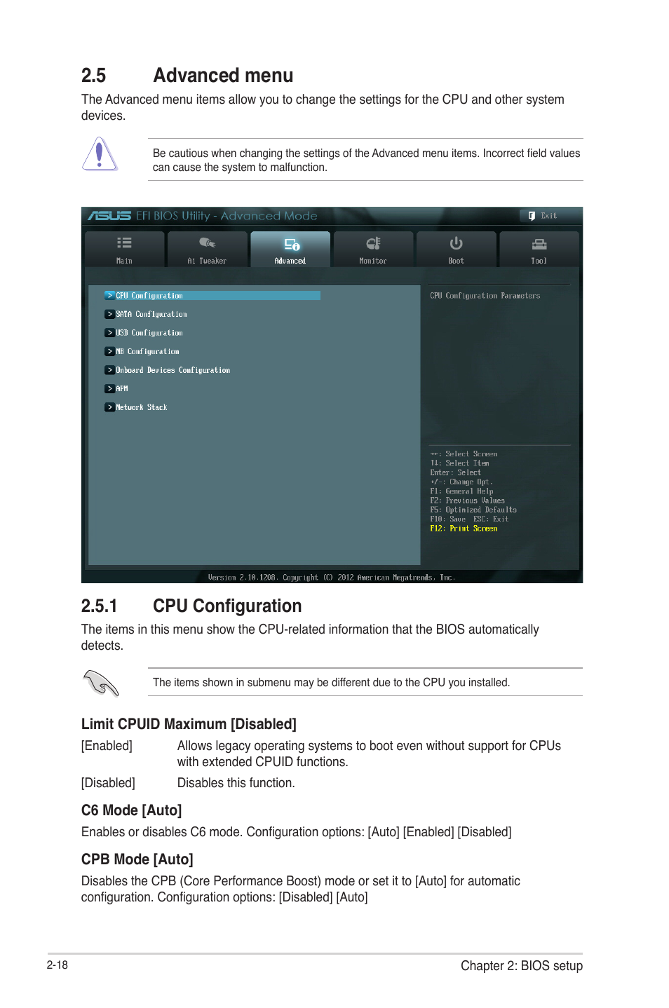 5 advanced menu, 1 cpu configuration, Advanced menu -18 2.5.1 | Cpu configuration -18 | Asus F1A55-M LE R2.0 User Manual | Page 64 / 79