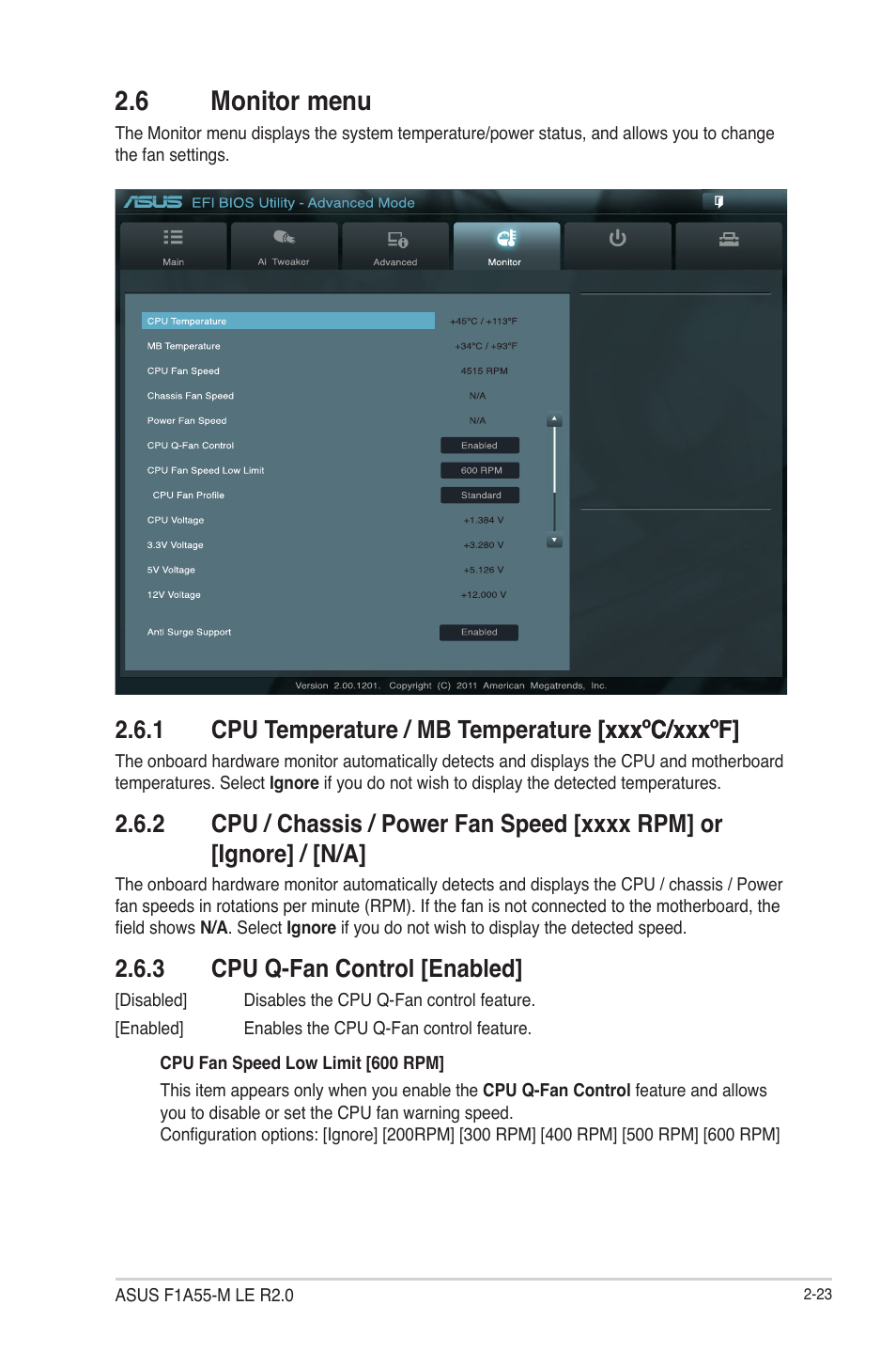 6 monitor menu, 1 cpu temperature / mb temperature [xxxºc/xxxºf, 3 cpu q-fan control [enabled | Monitor menu -23, Cpu temperature / mb temperature [xxxºc/xxxºf] -23, Cpu / chassis / power, Speed [xxxx rpm] or [ignore] / [n/a] 2-23, Cpu q-fan control [enabled] -23 | Asus F1A55-M LE R2.0 User Manual | Page 69 / 79