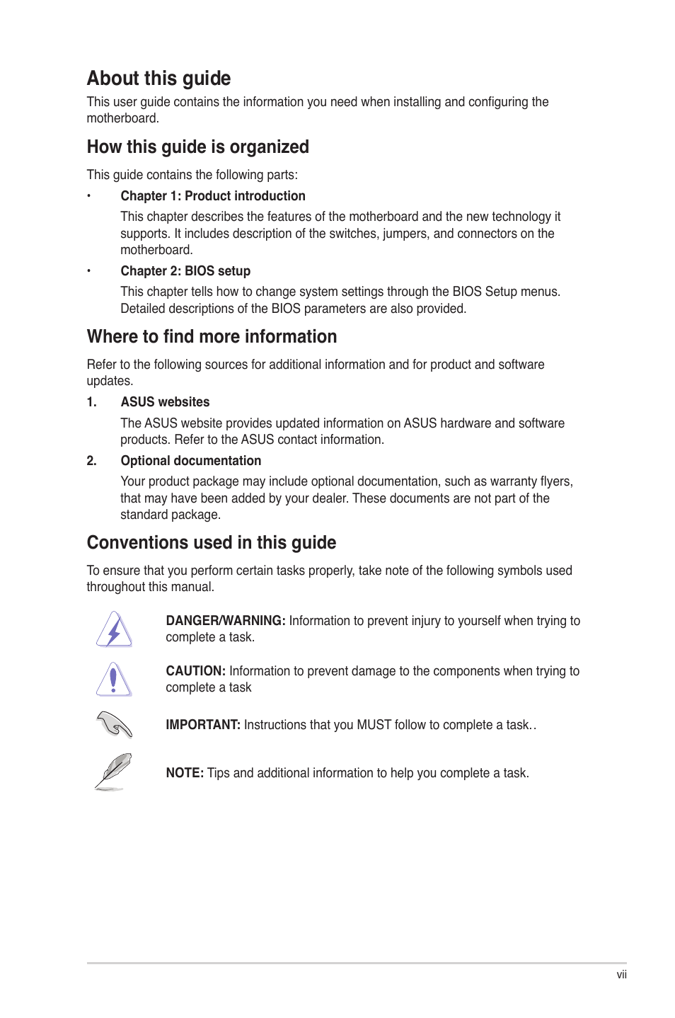 About this guide, How this guide is organized, Where to find more information | Conventions used in this guide | Asus F1A55-M LE R2.0 User Manual | Page 7 / 79