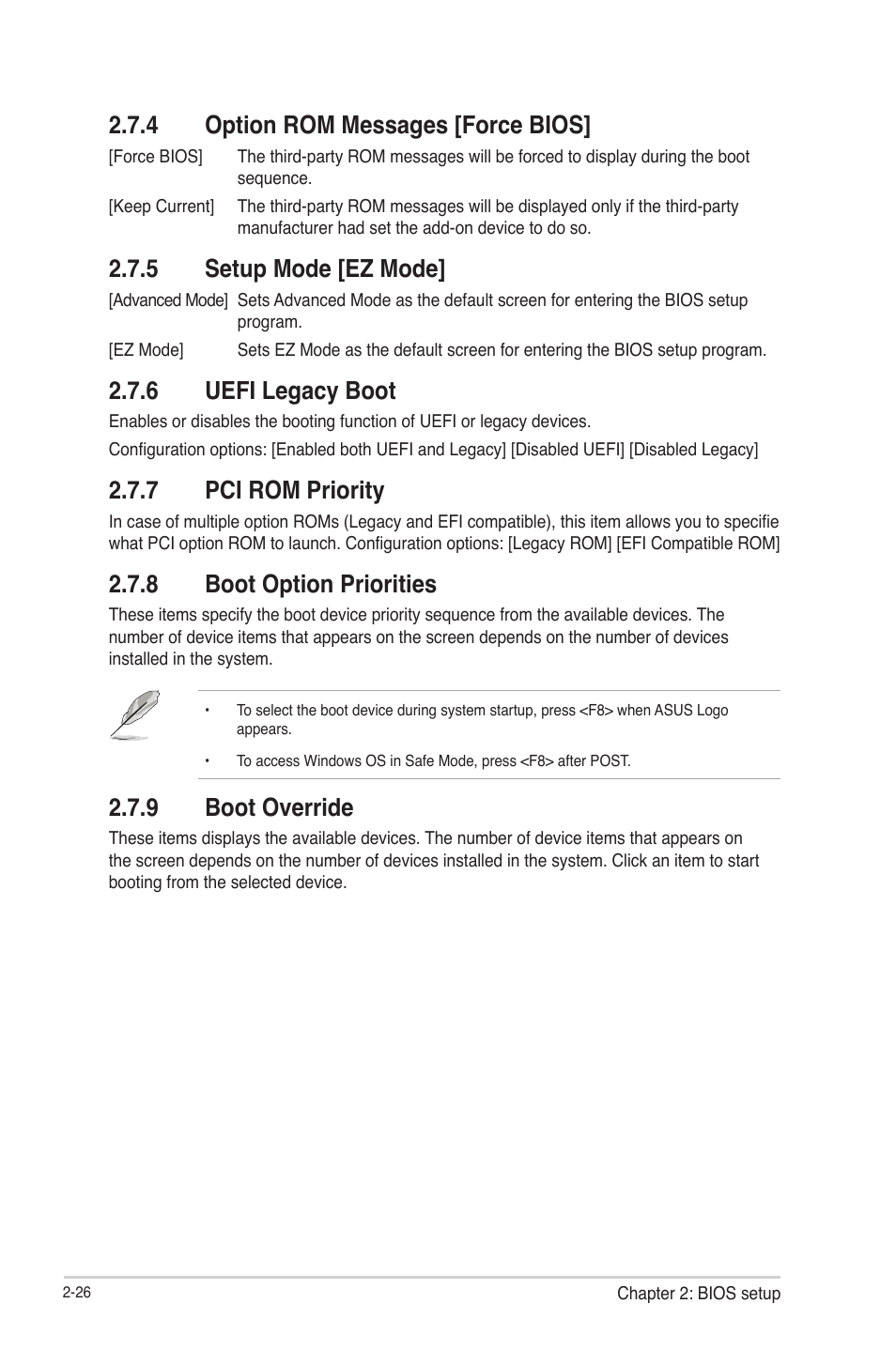 4 option rom messages [force bios, 5 setup mode [ez mode, 6 uefi legacy boot | 7 pci rom priority, 8 boot option priorities, 9 boot override, Option rom messages [force bios] -26, Setup mode [ez mode] -26, Uefi legacy boot -26, Pci rom priority -26 | Asus F1A55-M LE R2.0 User Manual | Page 72 / 79