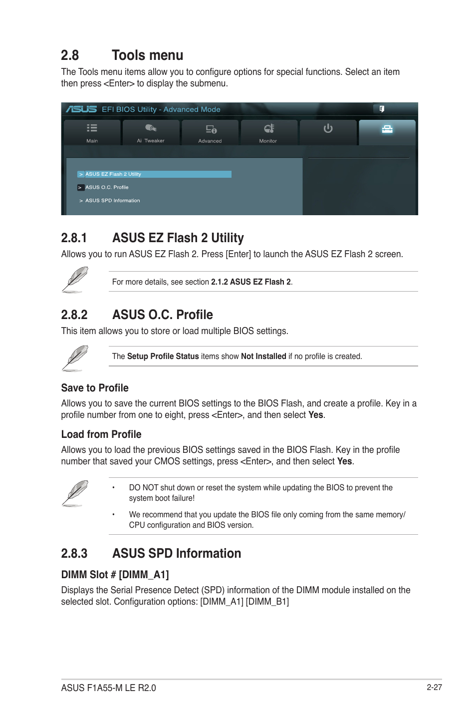 8 tools menu, 1 asus ez flash 2 utility, 2 asus o.c. profile | 3 asus spd information, Tools menu -27 2.8.1, Asus ez flash 2 utility -27, Asus o.c. profile -27, Asus spd information -27 | Asus F1A55-M LE R2.0 User Manual | Page 73 / 79