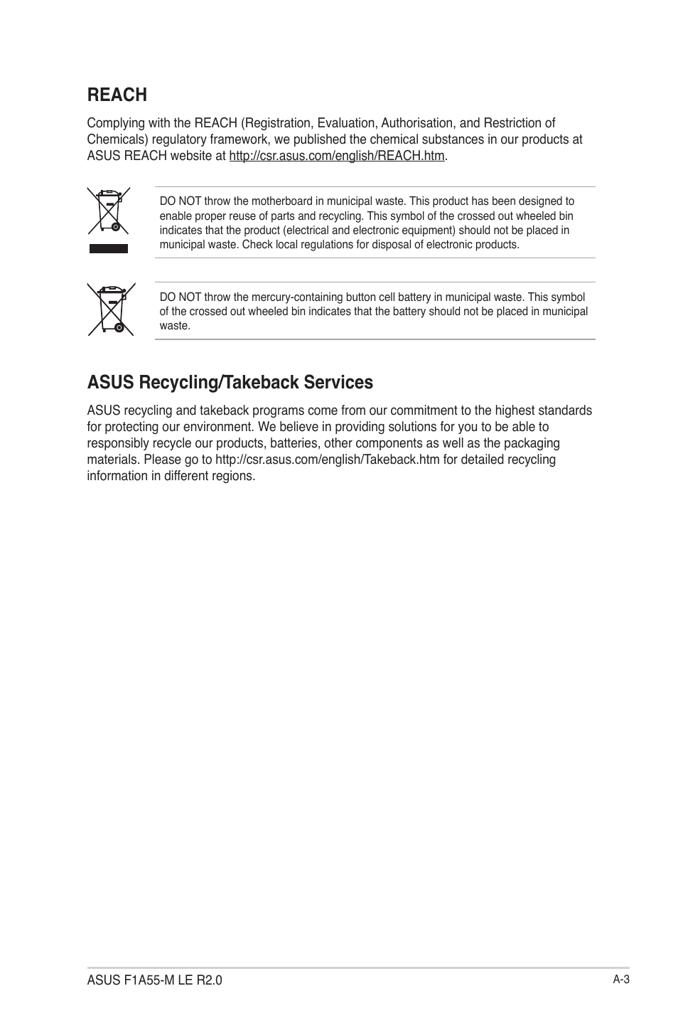 Reach, Asus recycling/takeback services | Asus F1A55-M LE R2.0 User Manual | Page 77 / 79