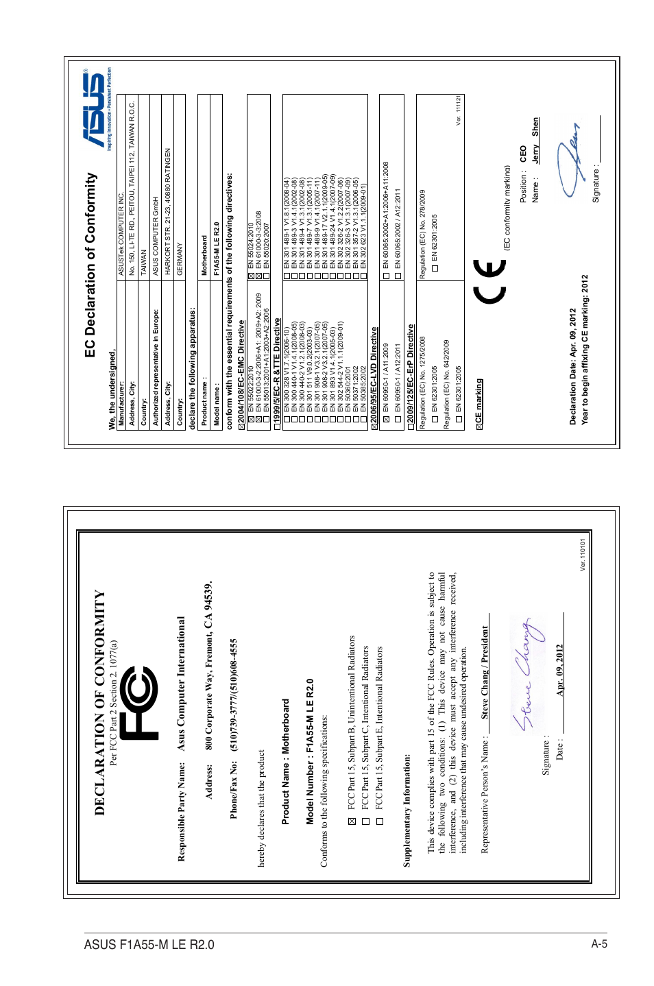 Declaration of conformity, Ec declaration of conformity, Asu s c om pu te r in te rn at io na l | Asus F1A55-M LE R2.0 User Manual | Page 79 / 79