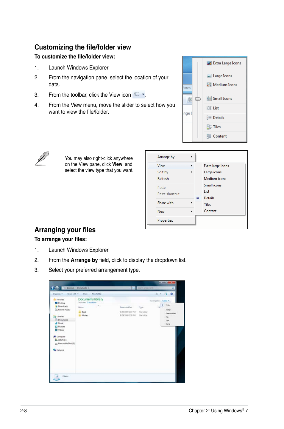 Customizing the file/folder view, Arranging your files | Asus CM5671 User Manual | Page 25 / 71