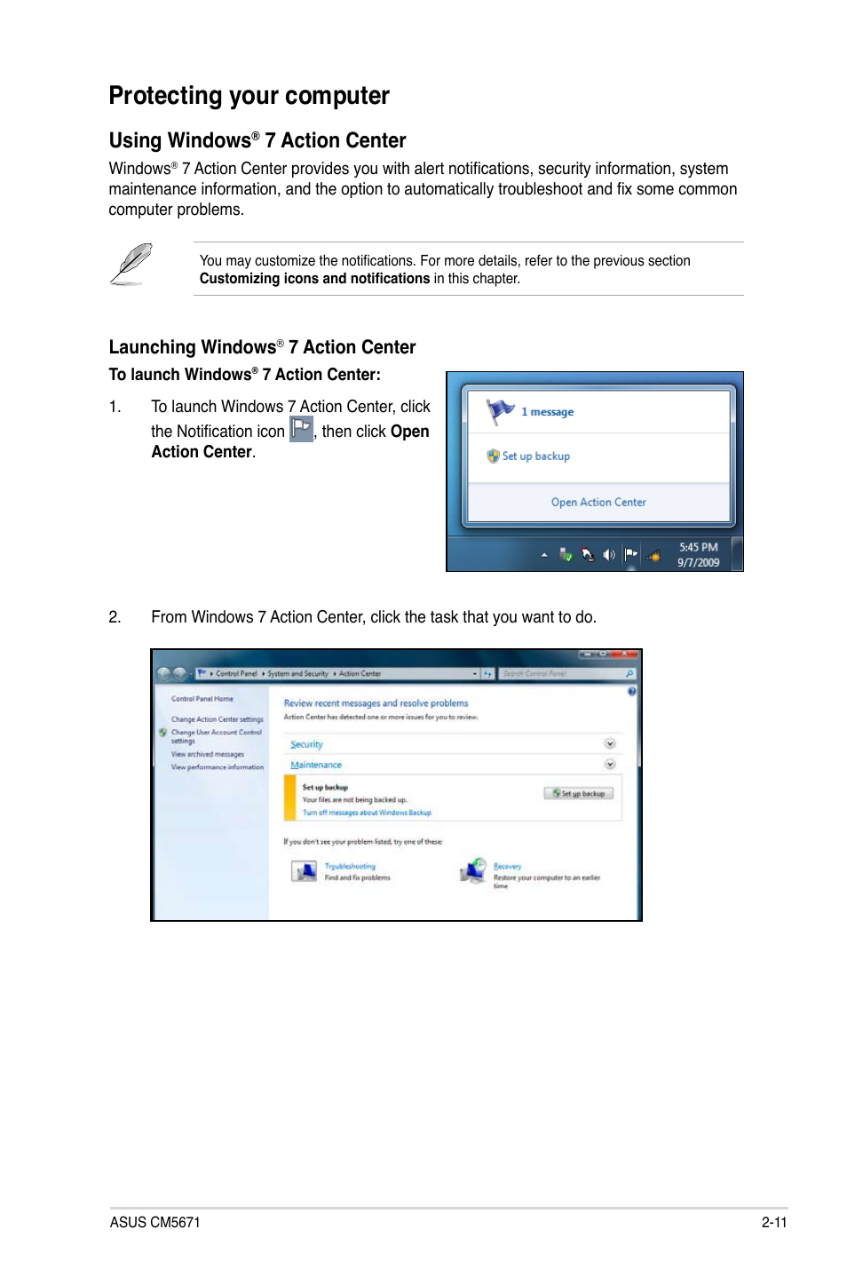 Protecting your computer, Protecting your computer -11, Using windows | 7 action center | Asus CM5671 User Manual | Page 28 / 71