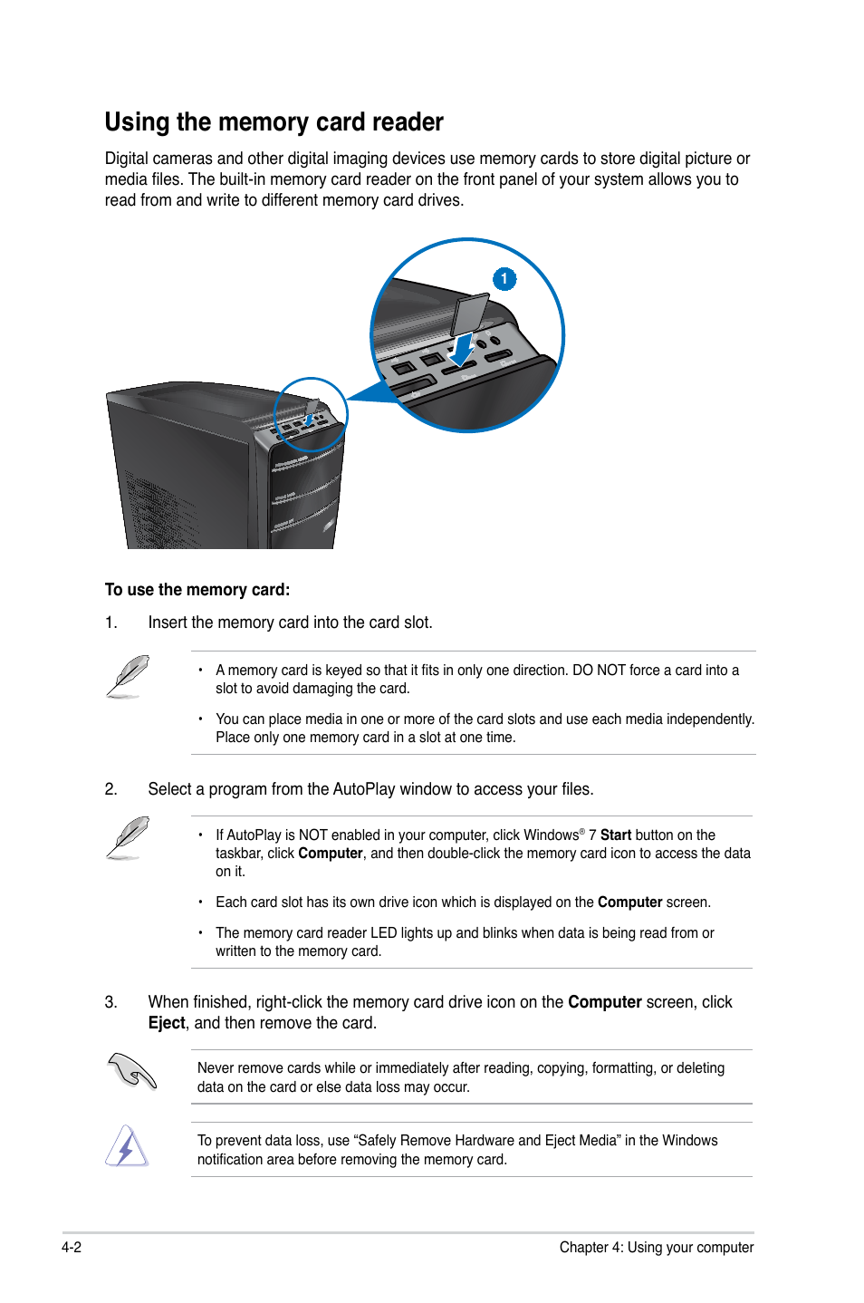 Using the memory card reader, Using the memory card reader -2 | Asus CM5671 User Manual | Page 41 / 71