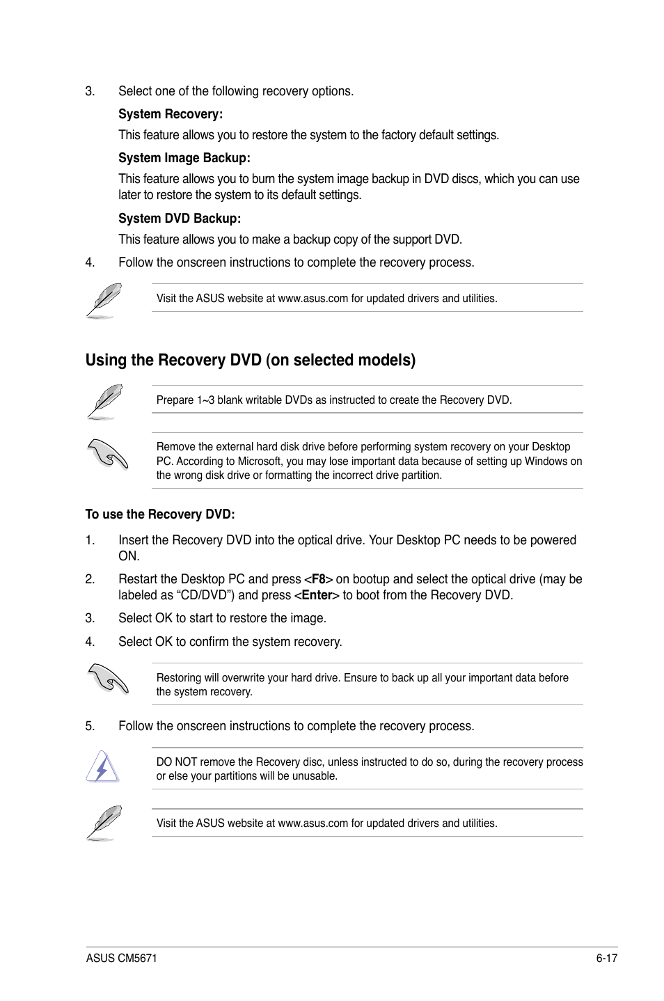 Using the recovery dvd (on selected models) | Asus CM5671 User Manual | Page 67 / 71