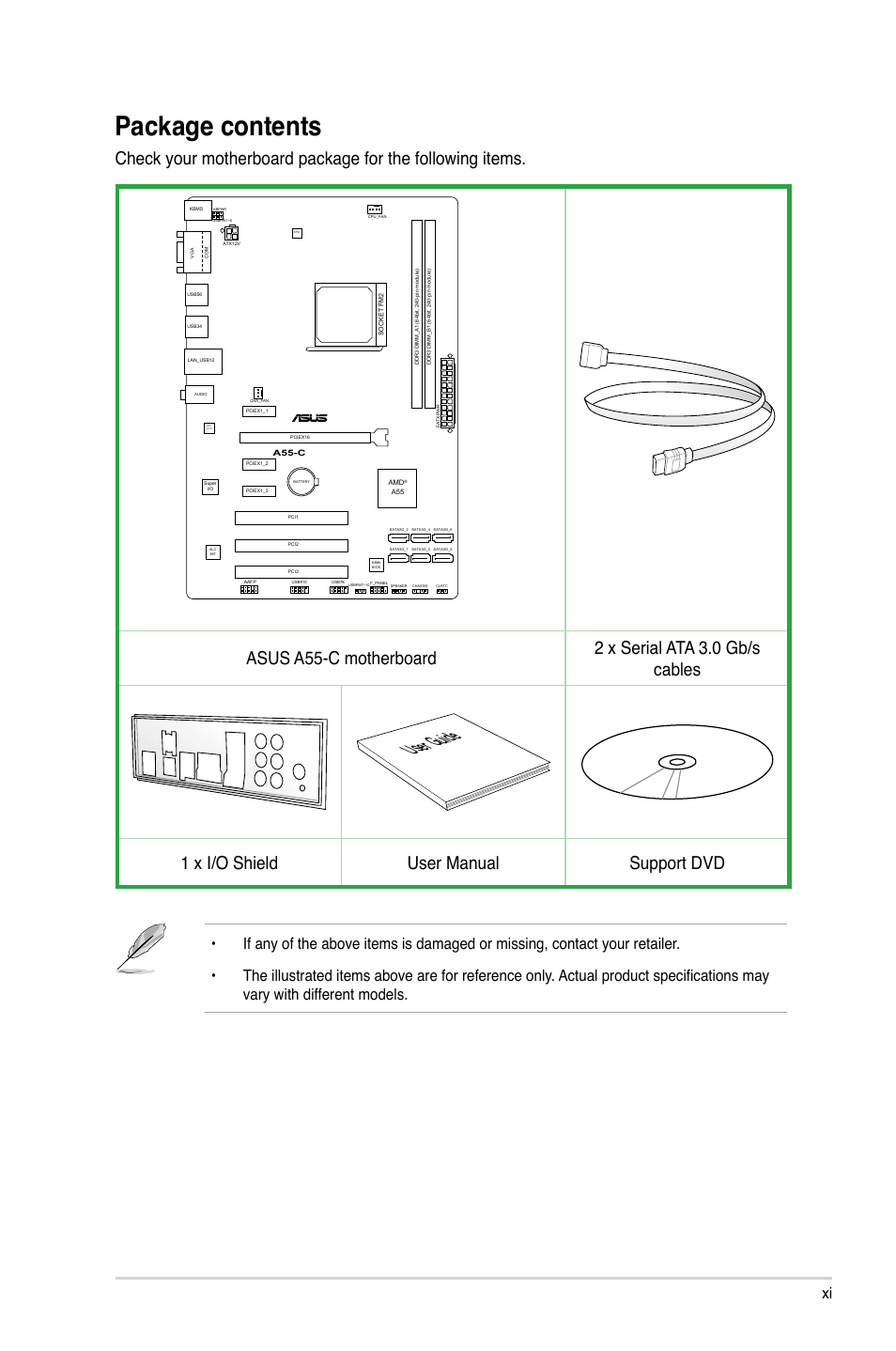 Package contents, User guide, 1 x i/o shield user manual support dvd | Asus A55-C User Manual | Page 11 / 72