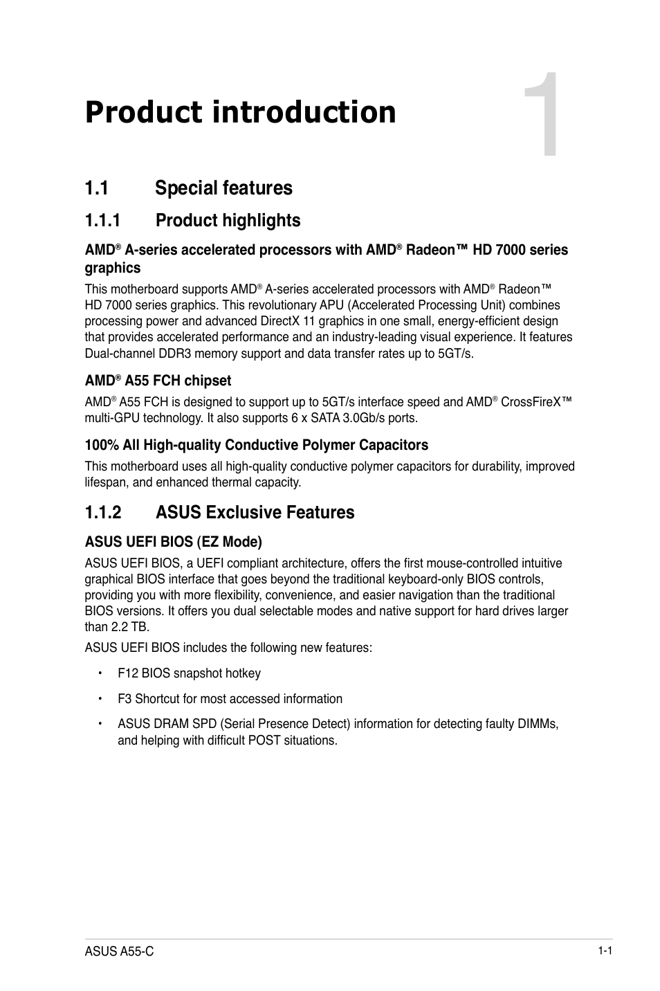 Product introduction, 1 special features, 1 product highlights | 2 asus exclusive features, 1 special features -1, Product highlights -1, Asus exclusive features -1 | Asus A55-C User Manual | Page 13 / 72