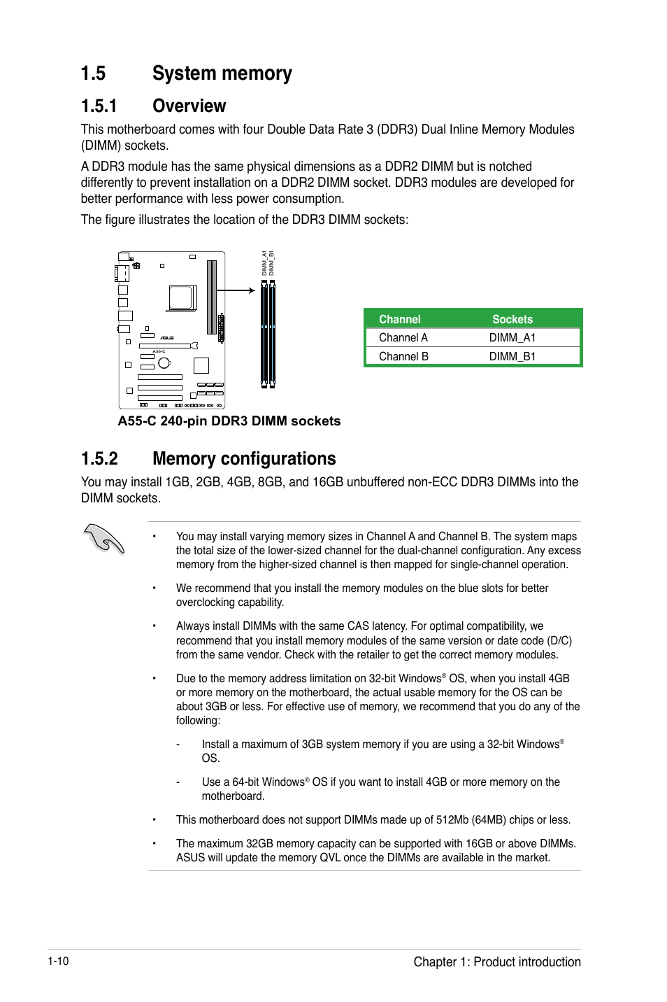 5 system memory, 1 overview, 2 memory configurations | 5 system memory -10, Overview -10, Memory configurations -10 | Asus A55-C User Manual | Page 22 / 72