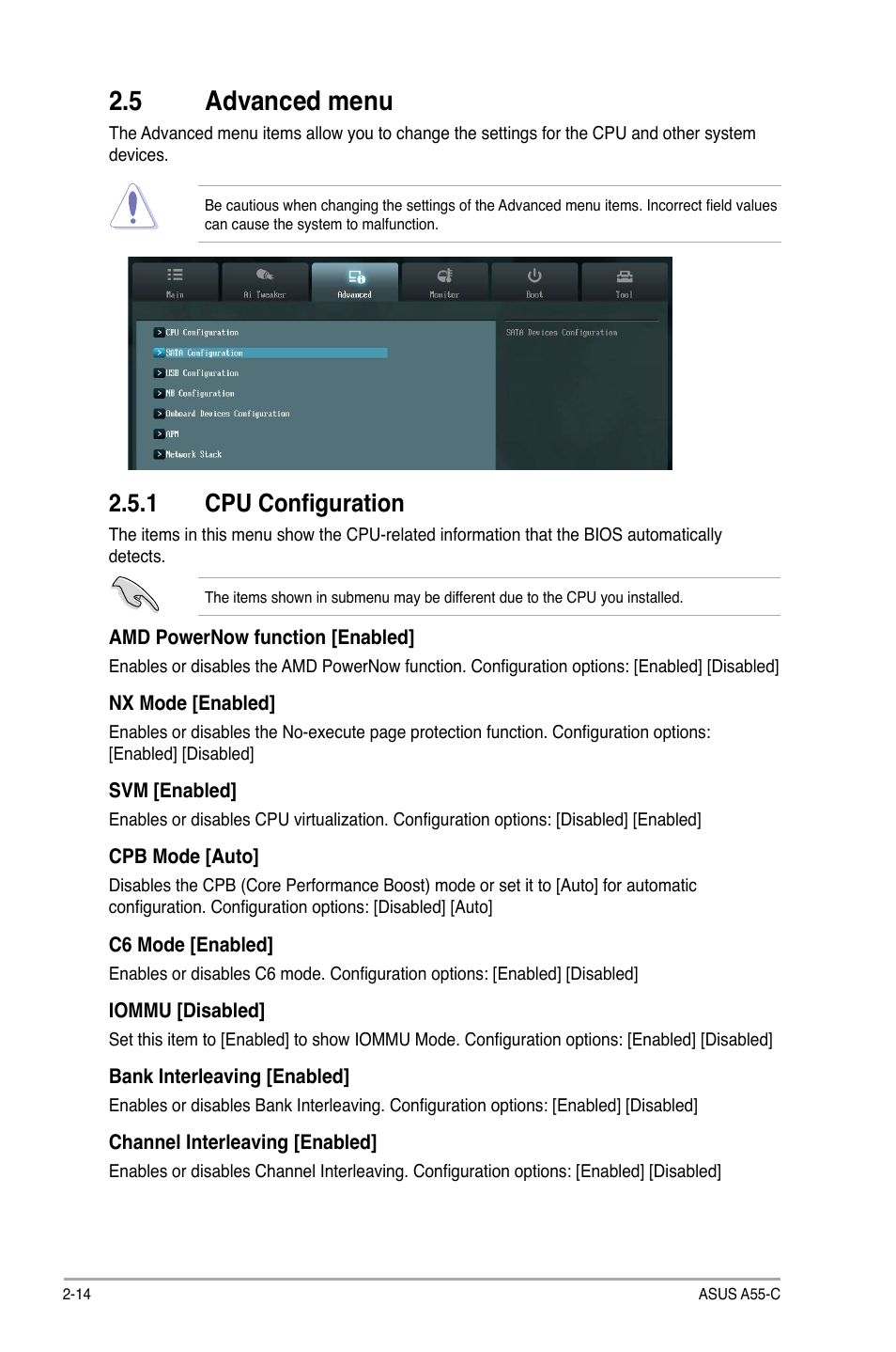 5 advanced menu, 1 cpu configuration, 5 advanced menu -14 | Cpu configuration -14 | Asus A55-C User Manual | Page 54 / 72