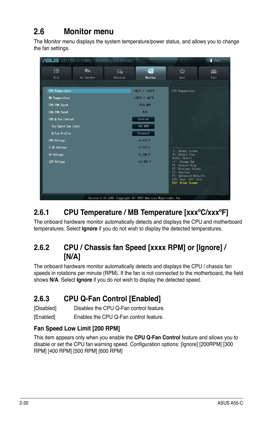 6 monitor menu, 1 cpu temperature / mb temperature [xxxºc/xxxºf, 3 cpu q-fan control [enabled | 6 monitor menu -20, Cpu temperature / mb temperature [xxxºc/xxxºf] -20, Cpu q-fan control [enabled] -20 | Asus A55-C User Manual | Page 60 / 72