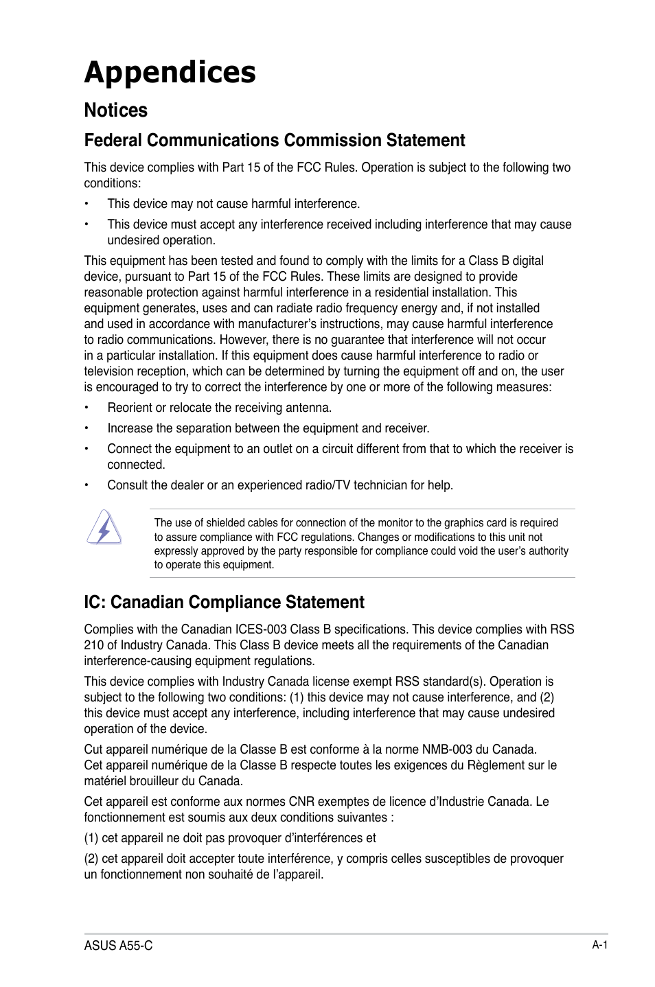 Appendices, Notices, Federal communications commission statement | Ic: canadian compliance statement | Asus A55-C User Manual | Page 69 / 72