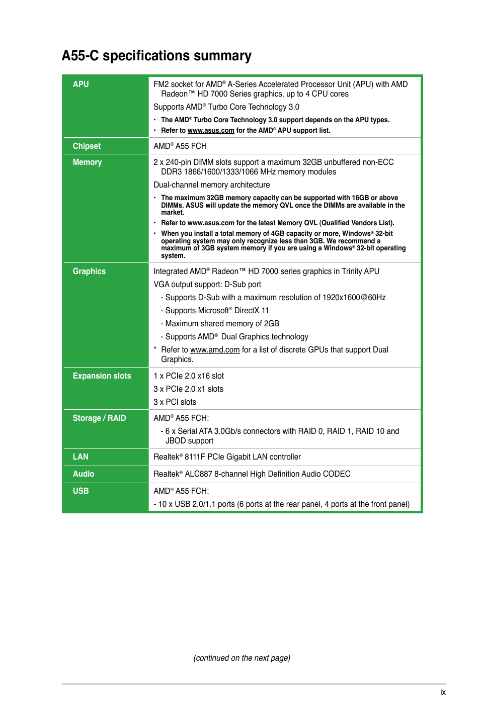 A55-c specifications summary | Asus A55-C User Manual | Page 9 / 72