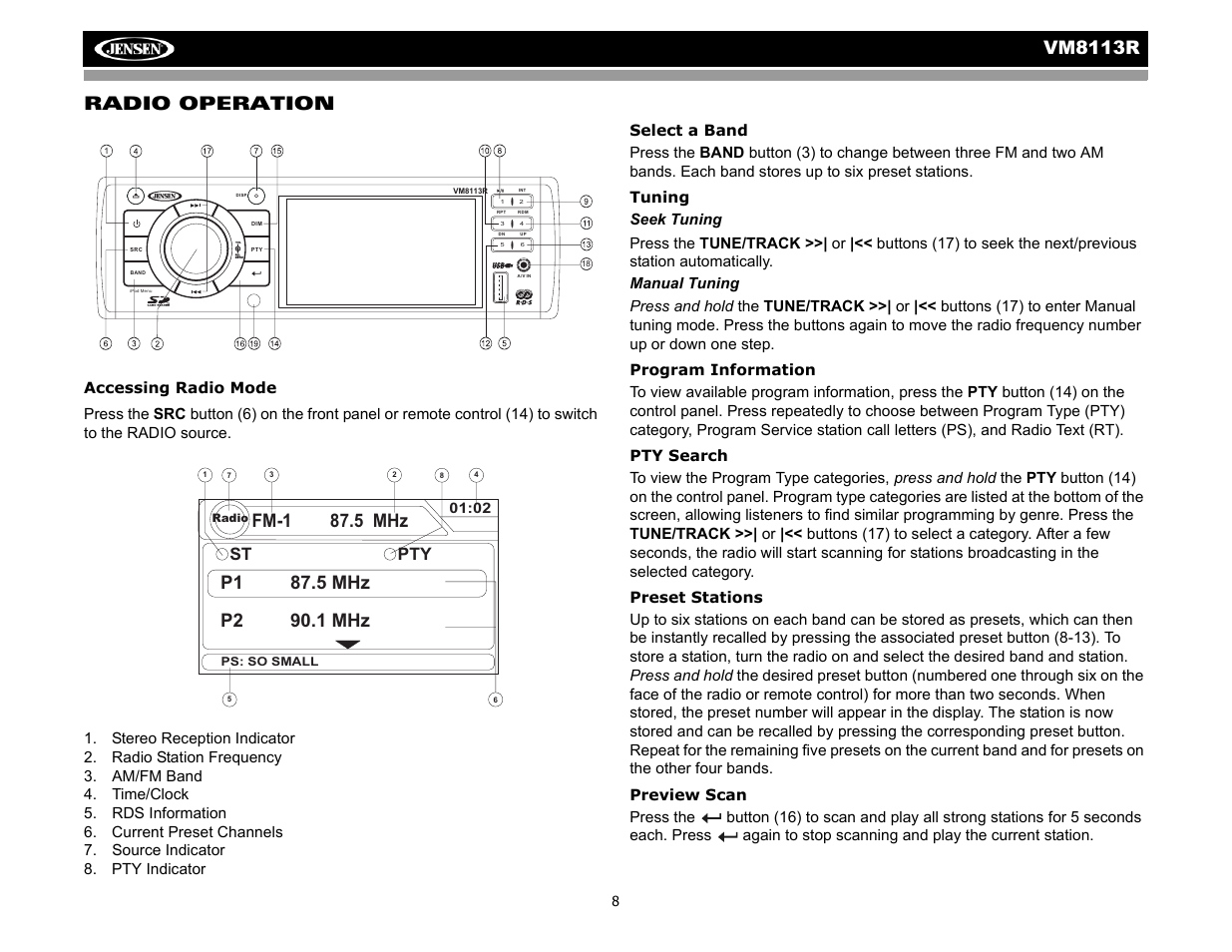 Vm8113 r, Radio operation, Fm-1 87.5 mhz | St pty | CHALLENGER VM8113R User Manual | Page 12 / 100