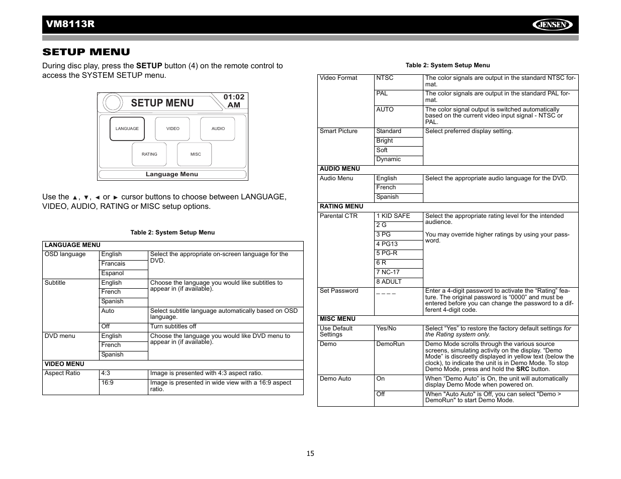 Setup menu, Vm8113 r setup menu | CHALLENGER VM8113R User Manual | Page 19 / 100