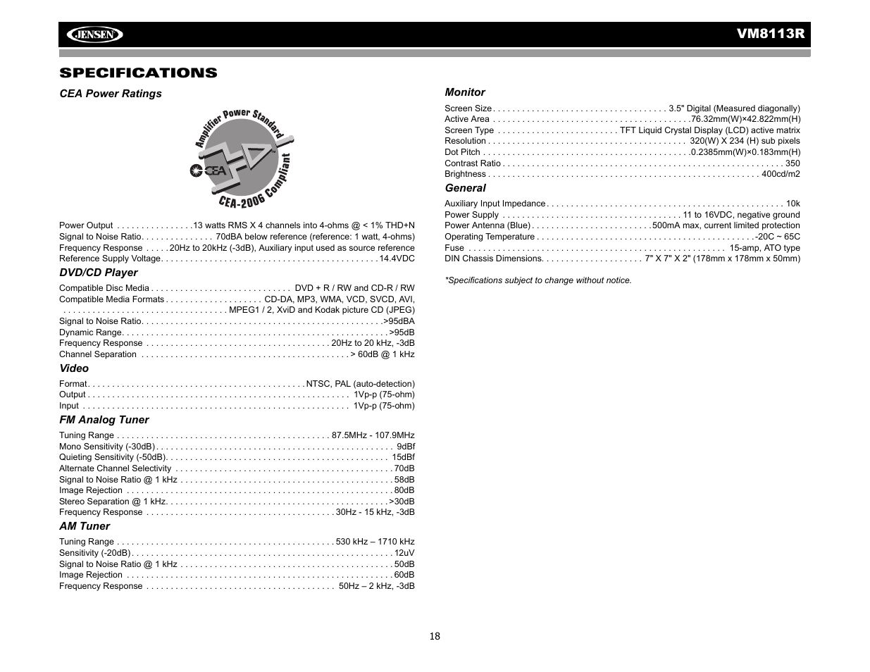 Vm8113 r, Specifications | CHALLENGER VM8113R User Manual | Page 22 / 100
