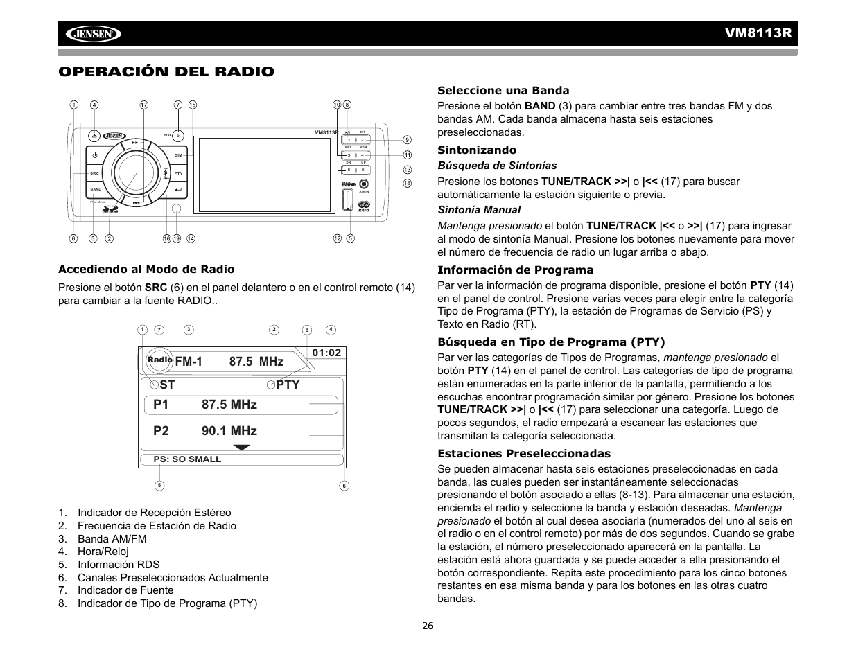 Vm8113 r, Operación del radio, Fm-1 87.5 mhz | St pty | CHALLENGER VM8113R User Manual | Page 30 / 100