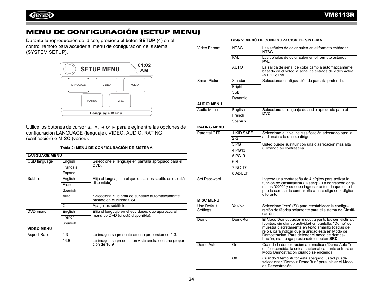 Setup menu, Vm8113 r, Menu de configuración (setup menu) | CHALLENGER VM8113R User Manual | Page 38 / 100